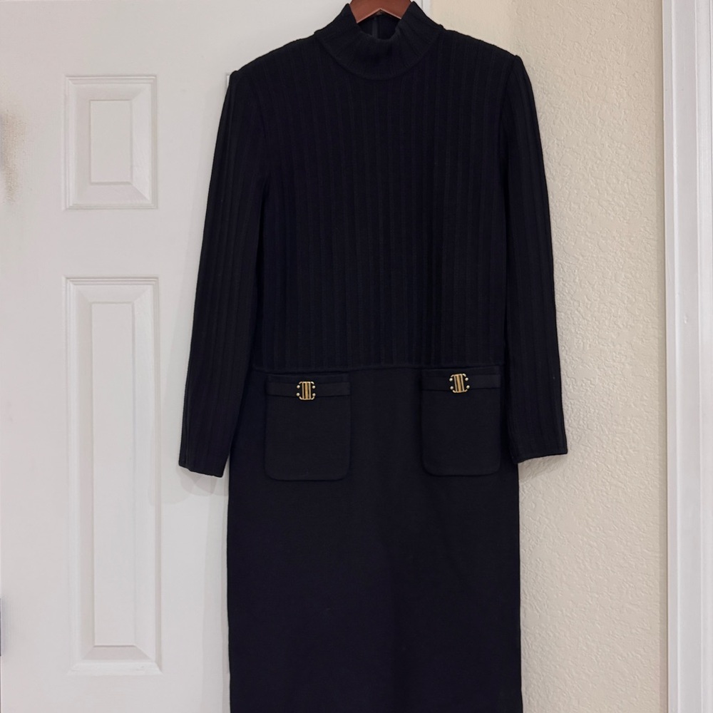 VTG St. John Collection Black Mock Neck Long Sleeve Knit Dress Size 8